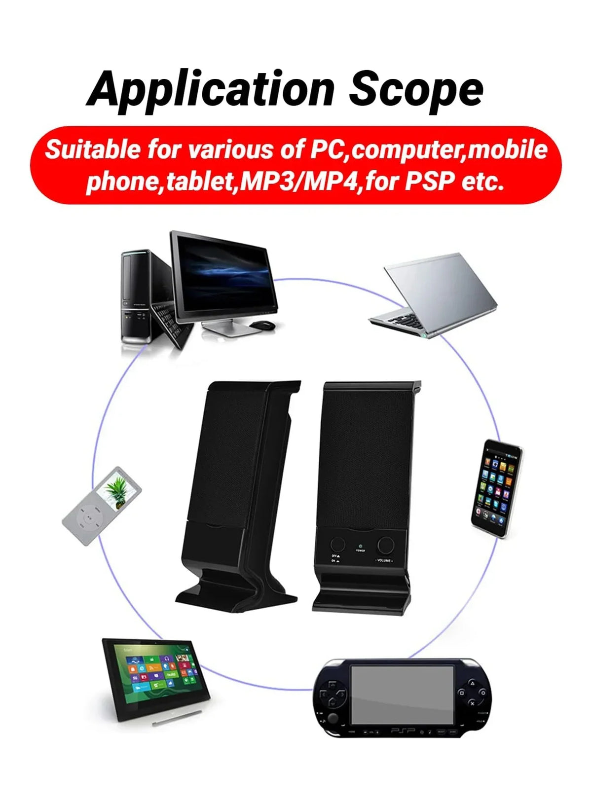 Enceintes USB compactes pour ordinateur portable avec réglage du volume, noires