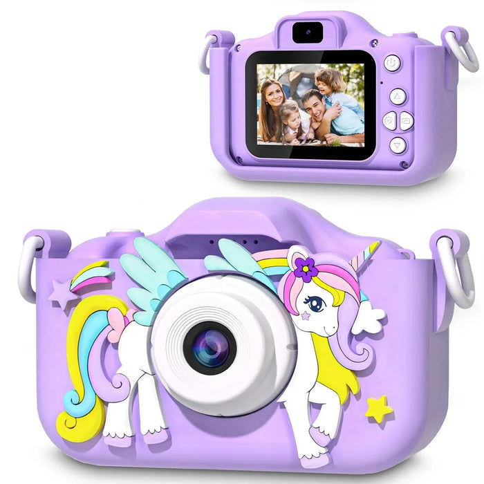 Mini fotocamera per bambini con design a unicorno, Full HD 1080p e schermo da 2 pollici