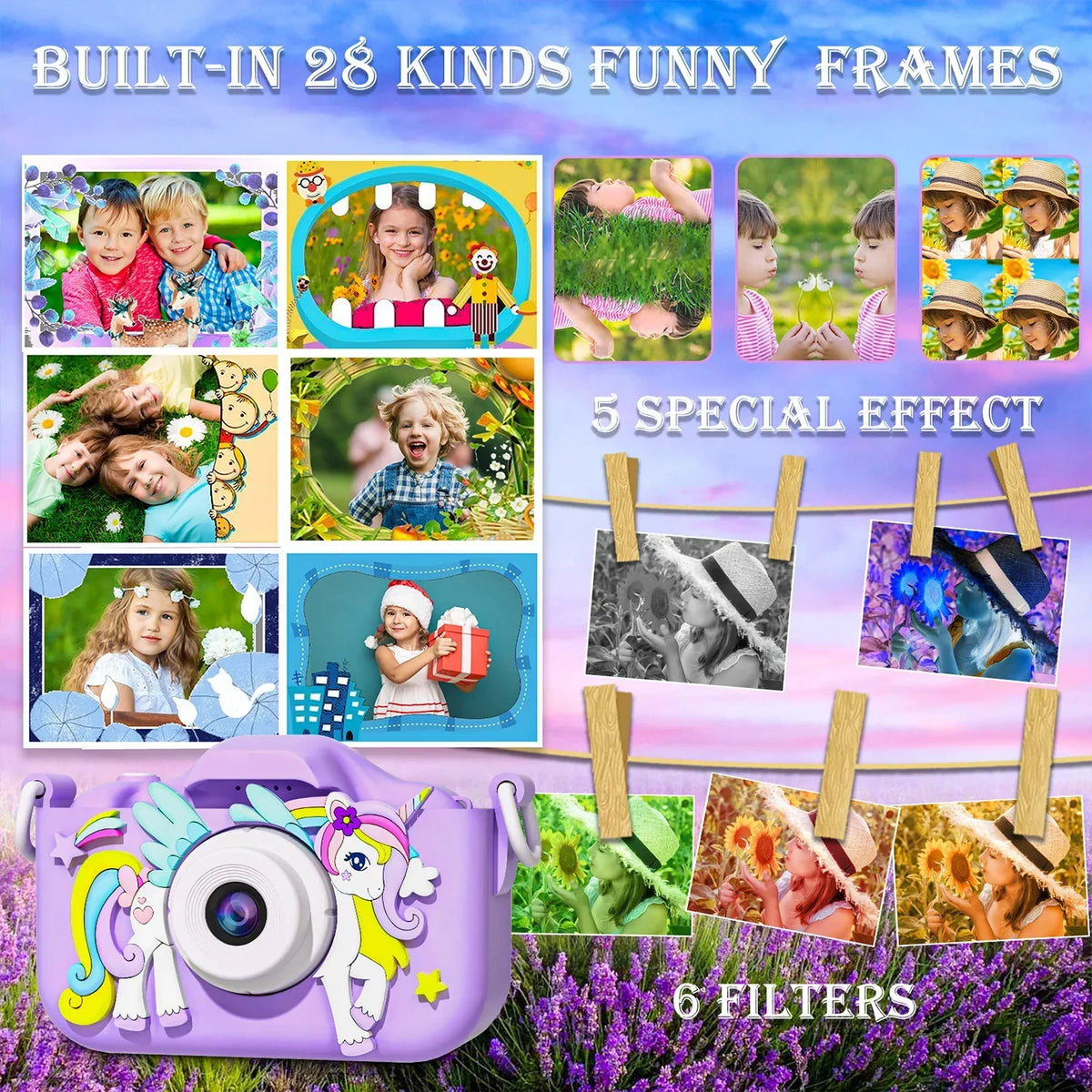 Unicorn-design children's mini camera with Full HD 1080p and 2-inch screen