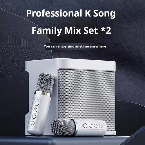 White portable karaoke speaker with two microphones