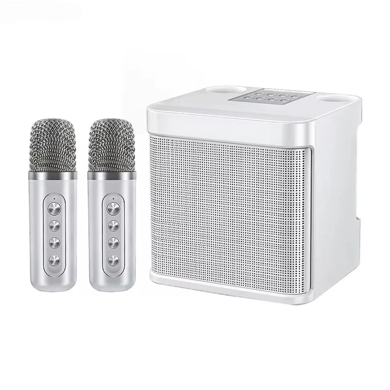 Altoparlante portatile per karaoke con due microfoni, bianco