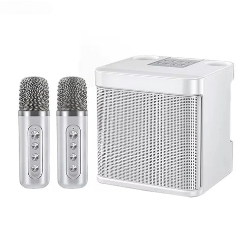 White portable karaoke speaker with two microphones