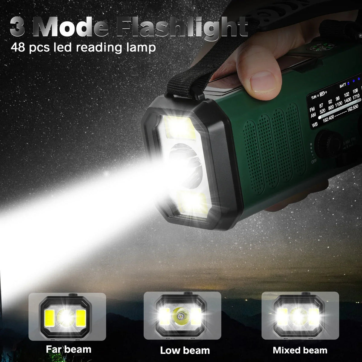 Green 10,000 mAh solar hand-crank emergency radio
