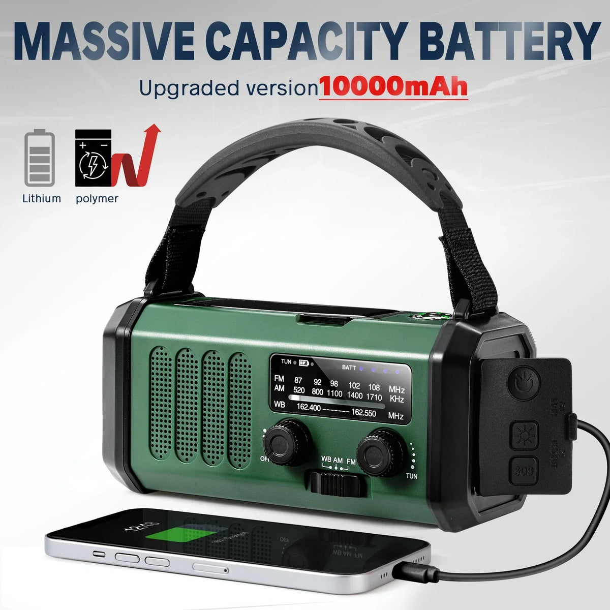 Green 10,000 mAh solar hand-crank emergency radio