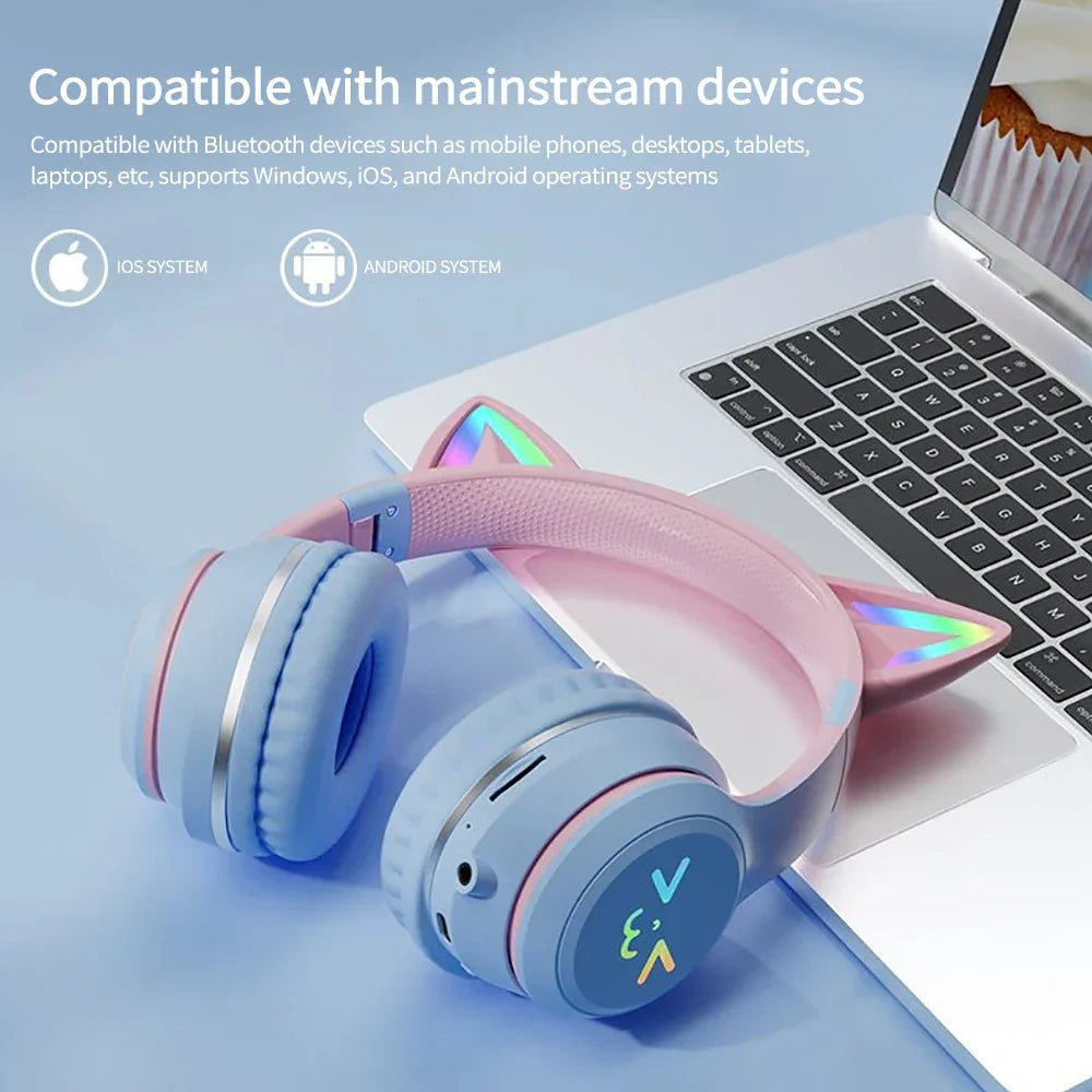 Cuffie Bluetooth con orecchie da gatto, blu