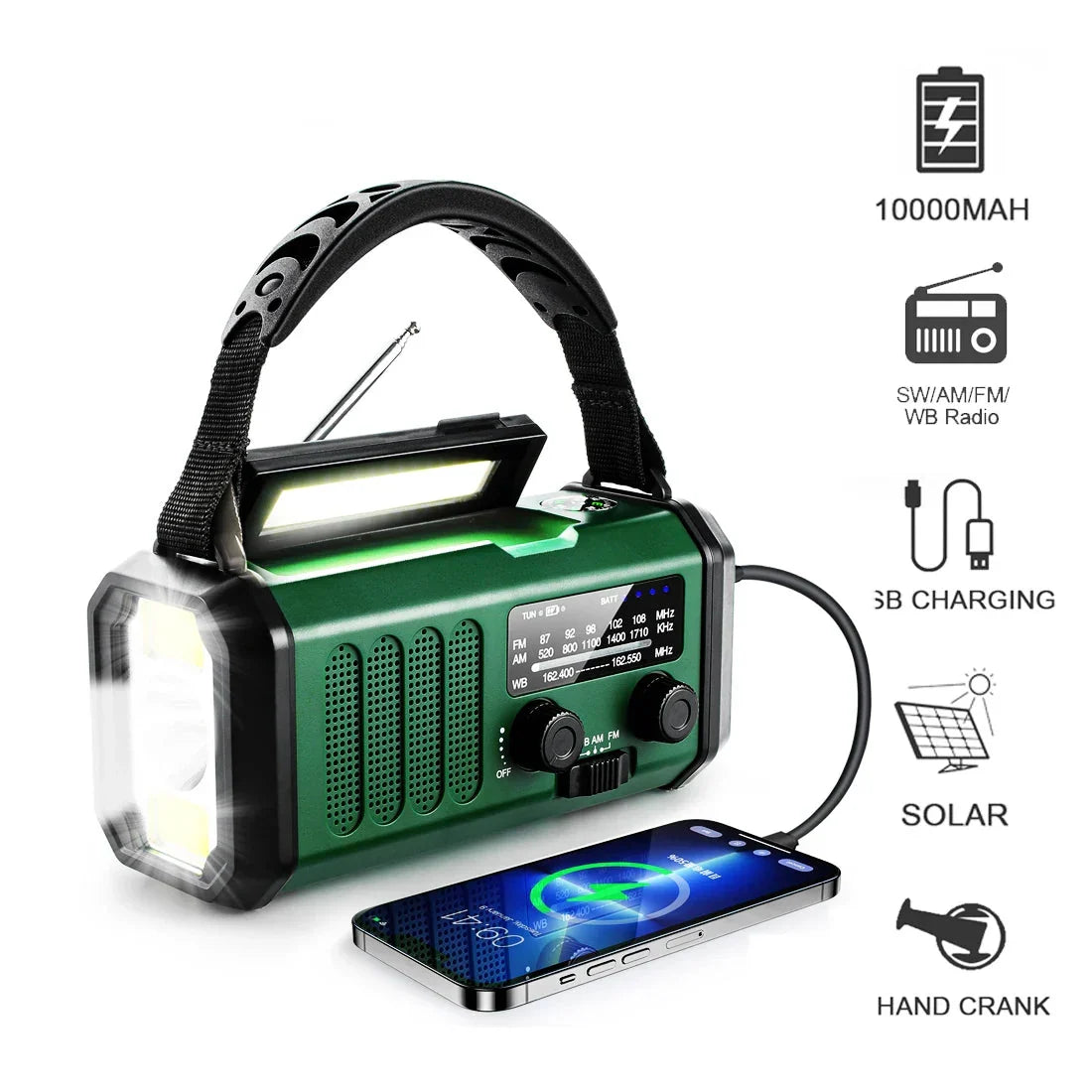 Green 10,000 mAh solar hand-crank emergency radio