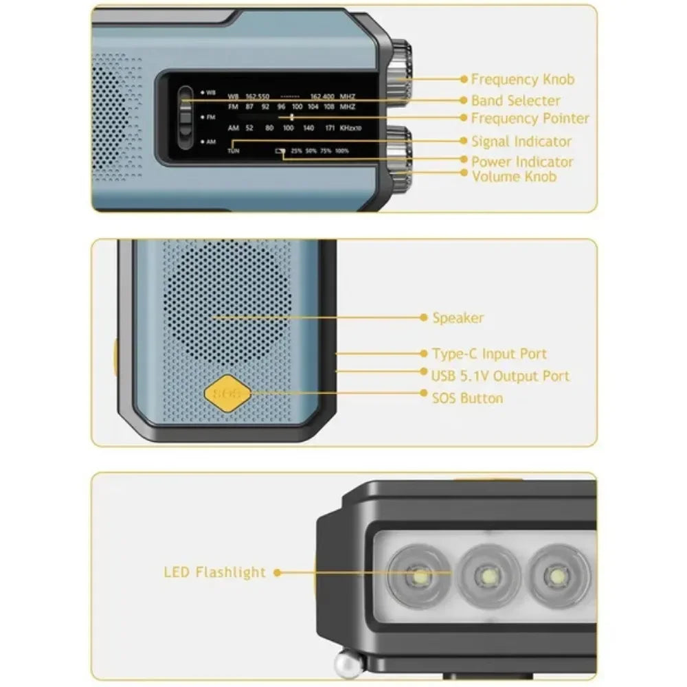 Blue solar emergency radio with LED torch