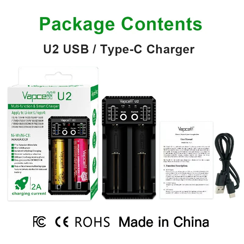 Minicaricabatterie USB intelligente Vapcell U2 da 2 A