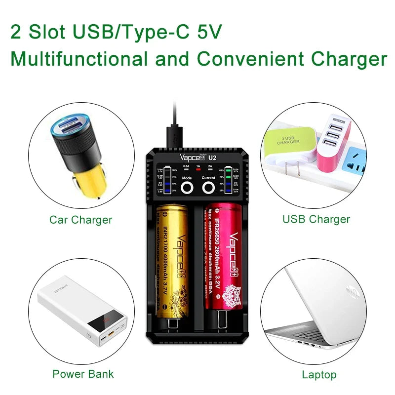 Minicaricabatterie USB intelligente Vapcell U2 da 2 A