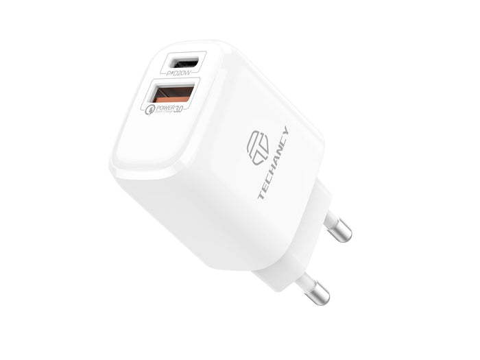 Caricabatterie bianco Techancy TA2801 da 20 W con ricarica rapida PD e QC 3.0