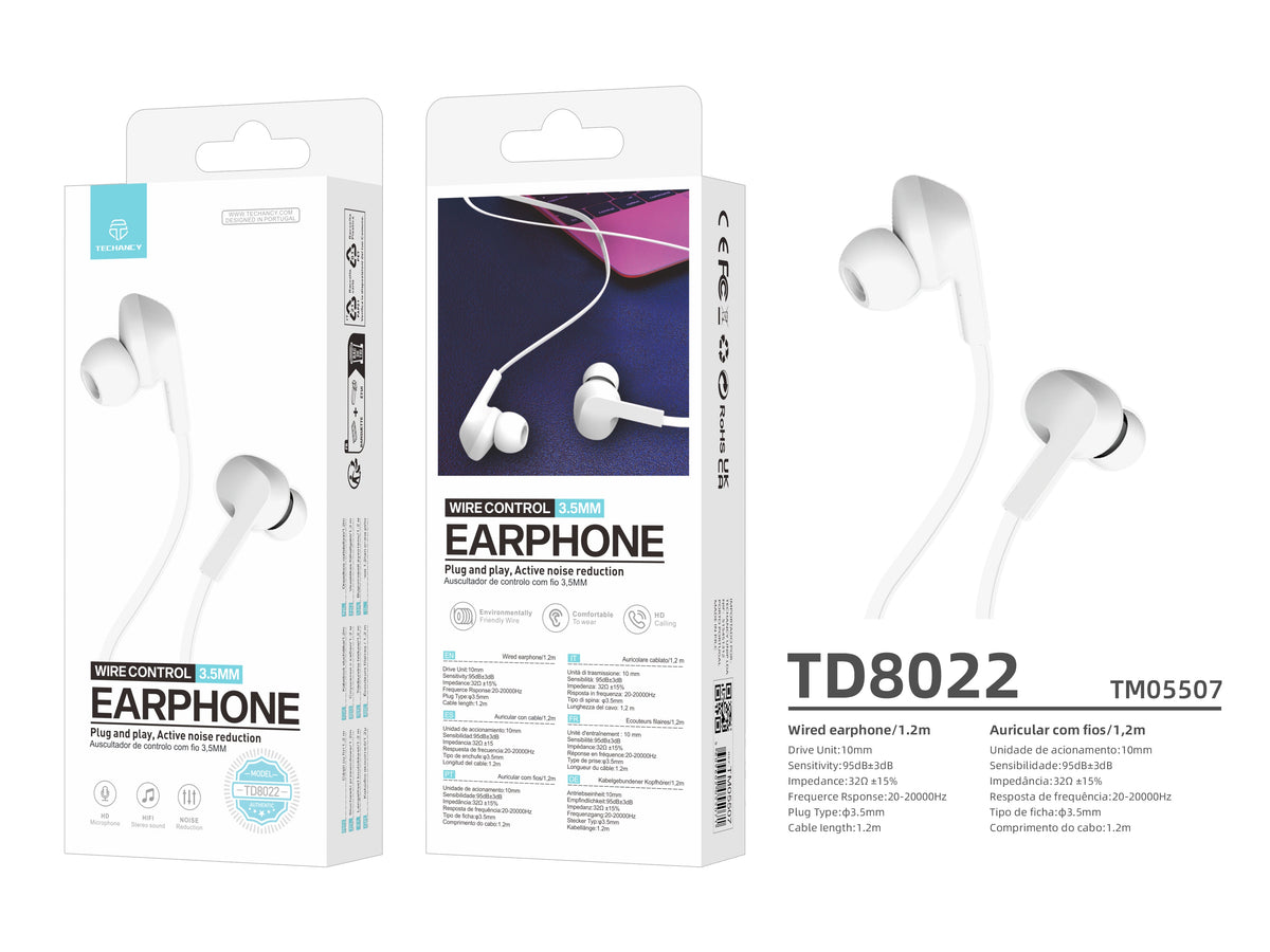 White Techancy TD8022 wired 3.5 mm earphones with microphone