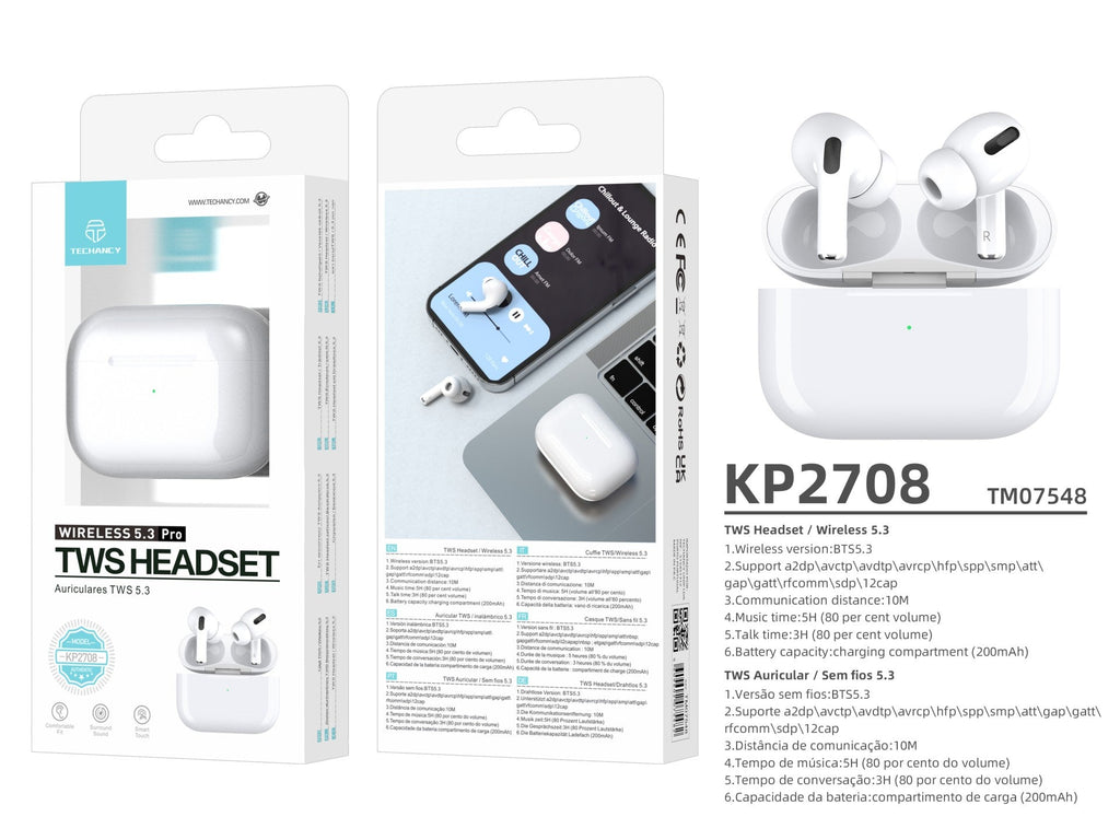 White Techancy TWS KP2708 Bluetooth 5.3 earbuds, up to 5 h playback
