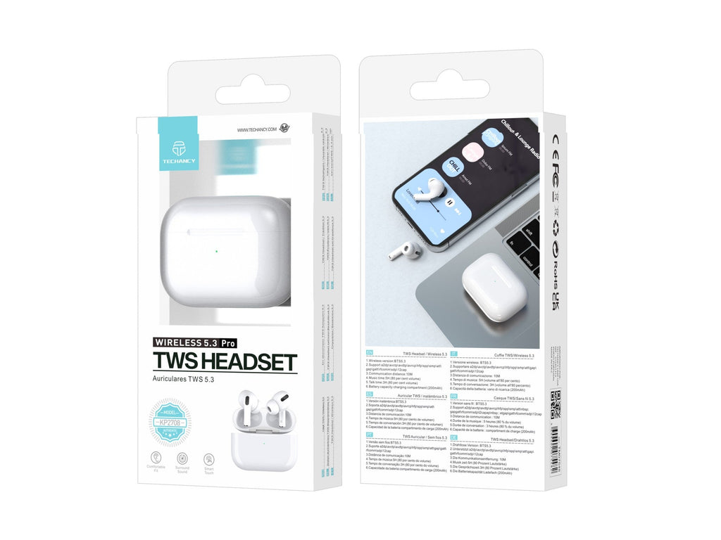White Techancy TWS KP2708 Bluetooth 5.3 earbuds, up to 5 h playback