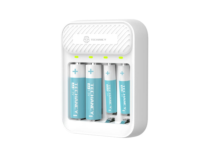 Caricabatterie per batterie Techancy MM5420 a 4 slot AA/AAA Ni-MH da 1,2 V con LED, bianco