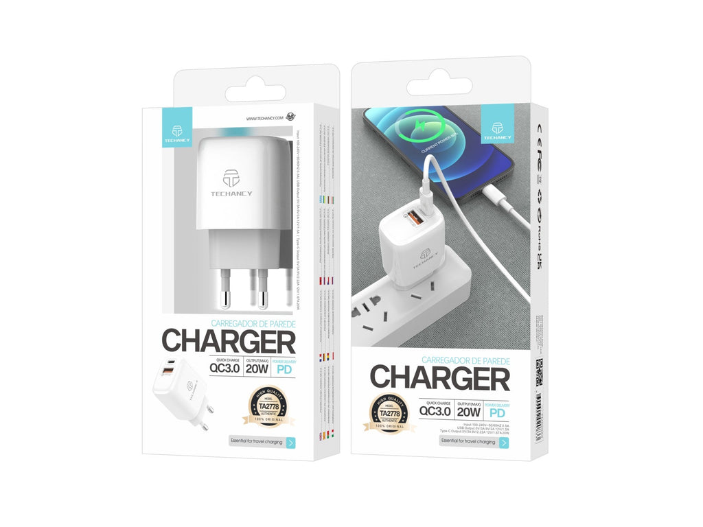 White Techancy TA2801 20 W charger with PD and QC 3.0 fast charging