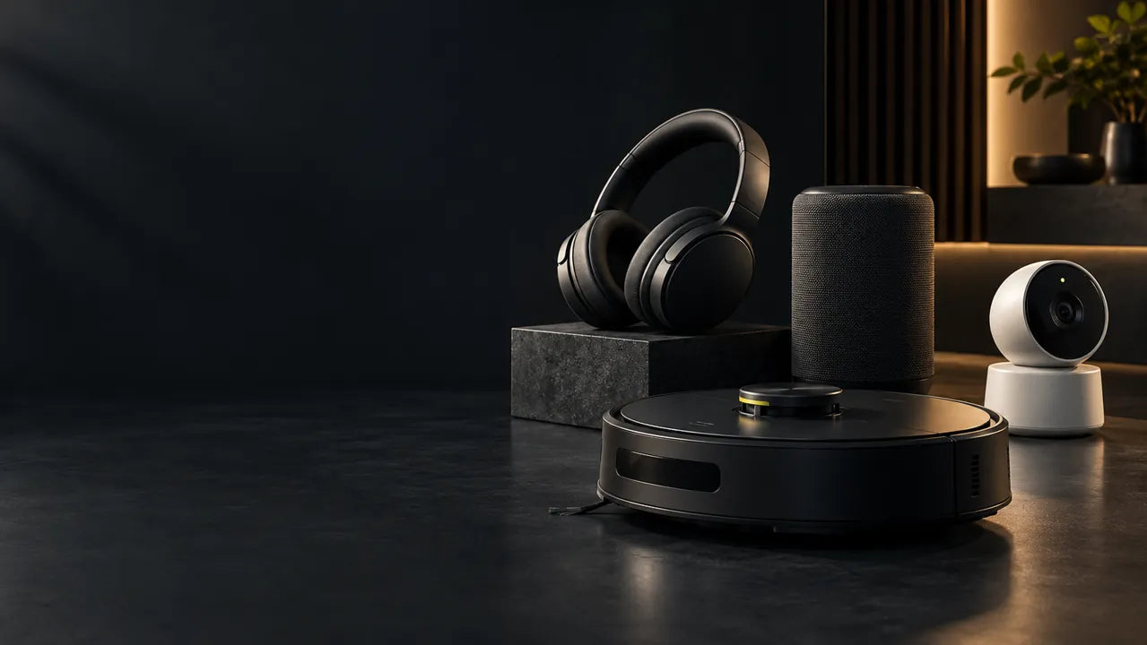 Scena illustrativa di audio e tecnologia per la casa su sfondo scuro
